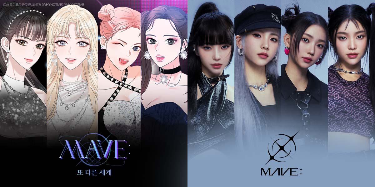 Mave: webtoon cover alongside headshots of virtual girl group members
