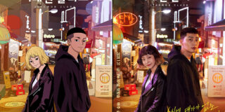Twin posters for the Itaewon Class drama and original webtoon with the lead characters standing back-to-back on an Itaewon street at night.